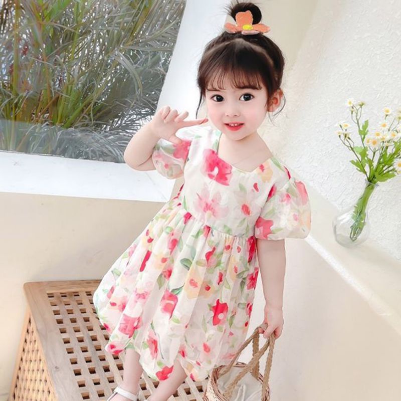 Đầm Bé Gái Đầm Công Chúa Mùa Hè Cổ Vuông Tay Cộc Kiểu Hàn Quốc Cho Bé Gái Se7En