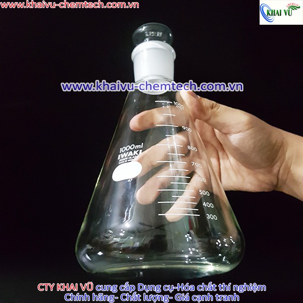 [HÃNG IWAKI - NHẬT] Bình tam giác Erlenmeyer thủy tinh chịu nhiệt 500ml 1000ml CÓ NÚT NHÁM KÈM