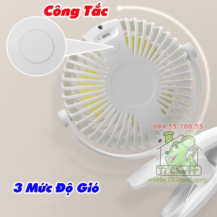 Quạt Sạc Clamp Fan Kẹp Bàn/ Xe Nôi Pin 2000mAh Siêu Êm