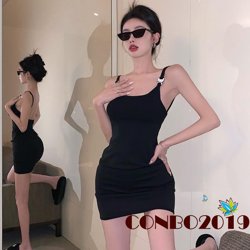 Đầm Mini Hai Dây Dệt Kim Màu Trơn Hở Lưng Thời Trang Mùa Hè Cho Nữ