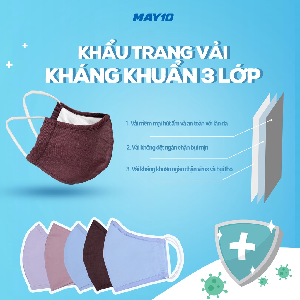 Set 3 chiếc khẩu trang loại 3 lớp kháng khuẩn màu ngẫu nhiên (chính hãng May 10)