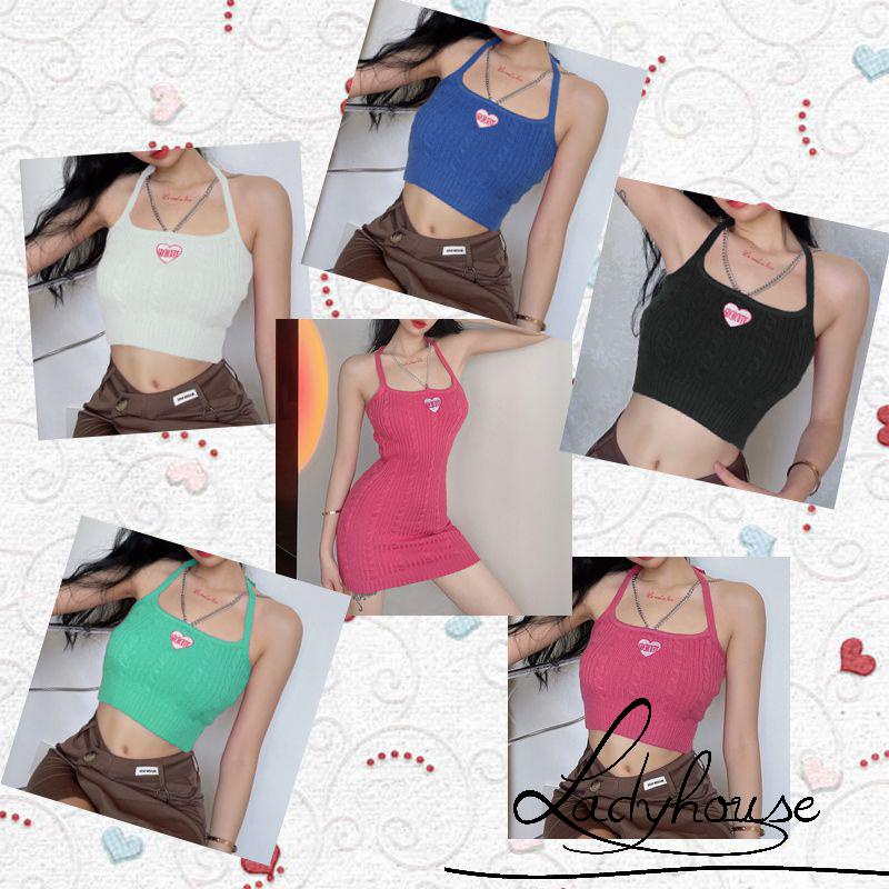 Áo Croptop Dệt Kim Hai Dây Không Tay Thêu Họa Tiết Trái Tim Thời Trang Mùa Hè Cho Nữ