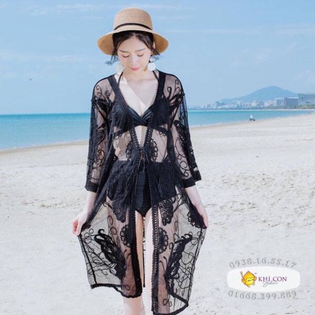 Kimono, áo khoác đi biển họa tiết bướm xinh