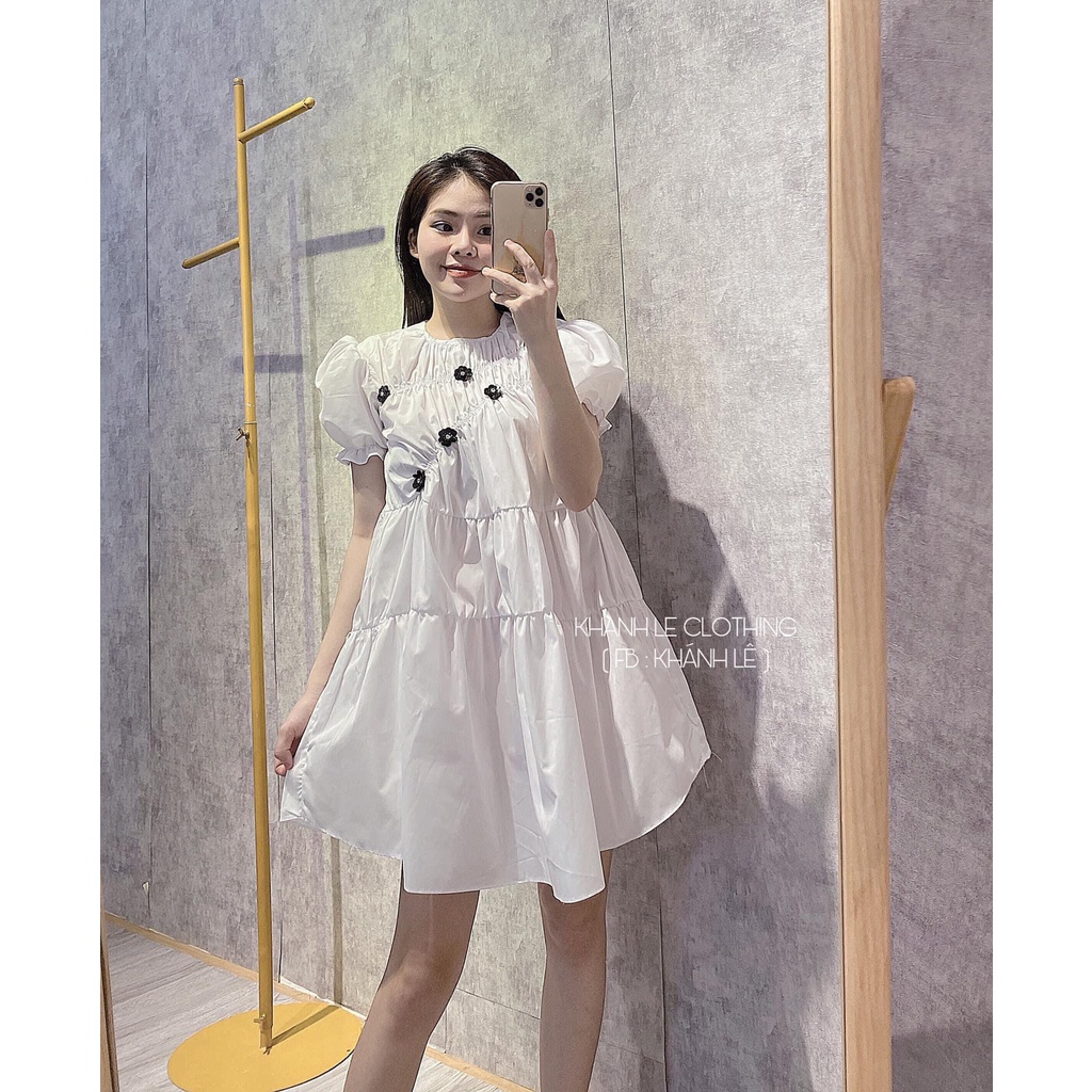 ( Ảnh thật):Váy thô trắng đính hoa dáng baby doll bầu bí mặc thoải mái form xinh tiểu thư