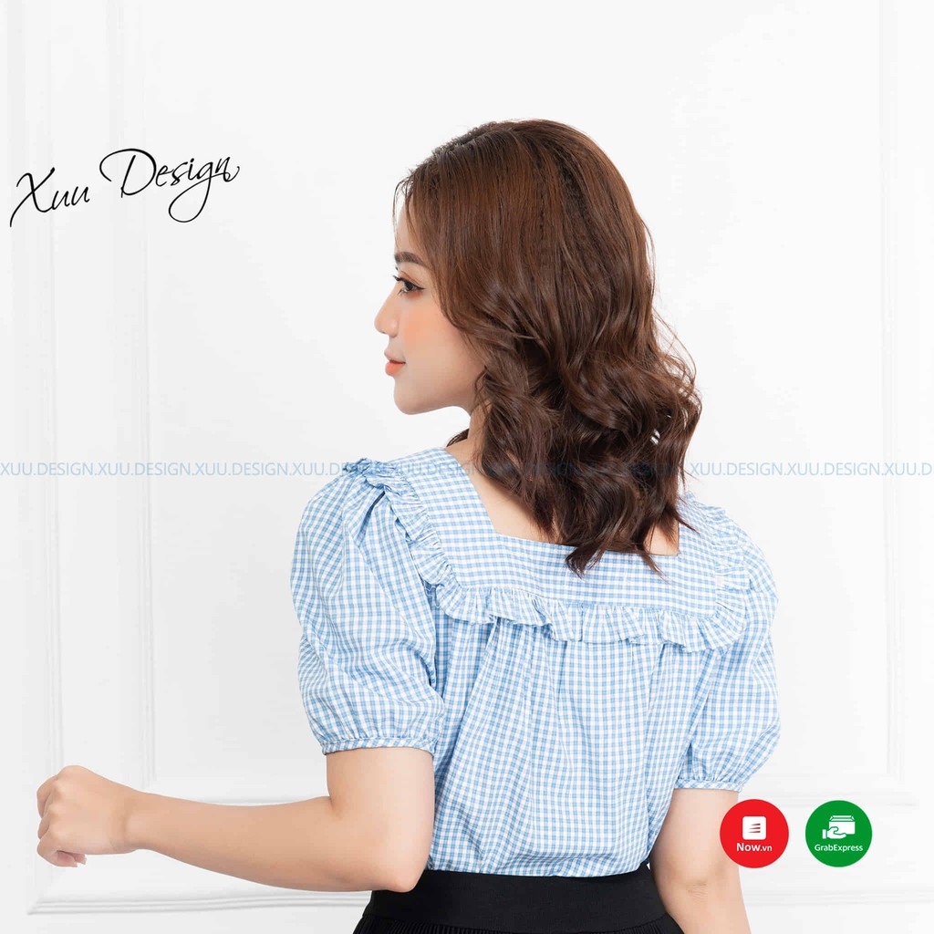 Áo sơ mi nữ công sở vải kate caro cổ vuông phối bèo - XUU DESIGN Xu08