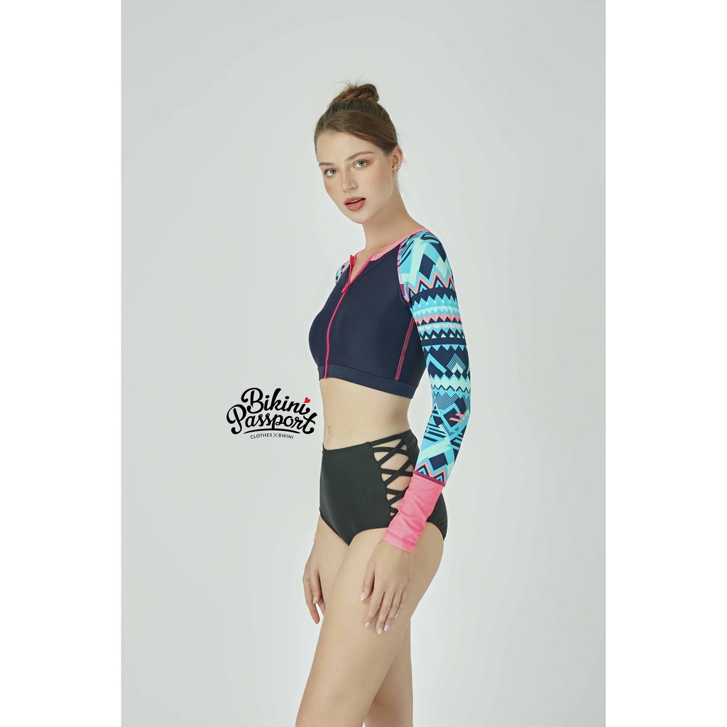 Áo bơi Nữ BIKINI PASSPORT kiểu dáng croptop tay dài khoá kéo- màu Xanh navy - BS194_NV