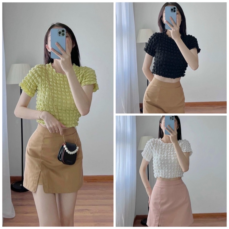 Áo croptop chất xốp mềm mại co giản màu đen trắng xanh cốm Zinistore
