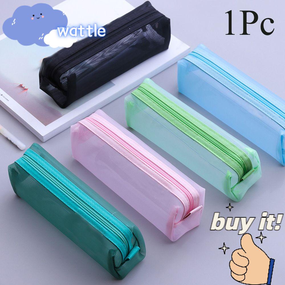 WATTLE Fashion Zipper Pencil Case Coin Purse Cosmetic Storage Mesh Pen Bag Cosmetic Colorful Makeup Solid Color Stationery Handbags Transparent Grid /Multicolor