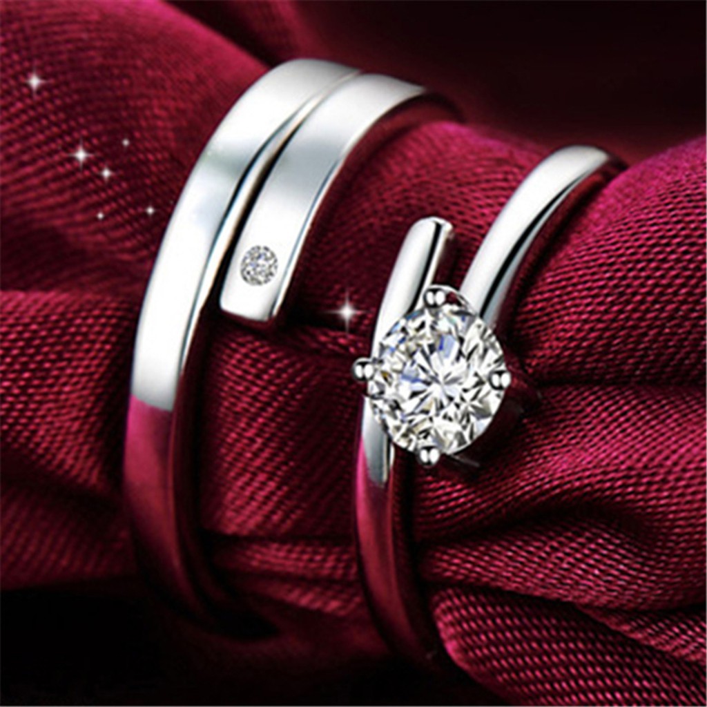 925 bạc nguyên chất nhẫn cặp đôi bốn móng vuốt chéo nhẫn kim cương có thể điều chỉnh nam và nữ nhẫn đồ trang sức cưới
