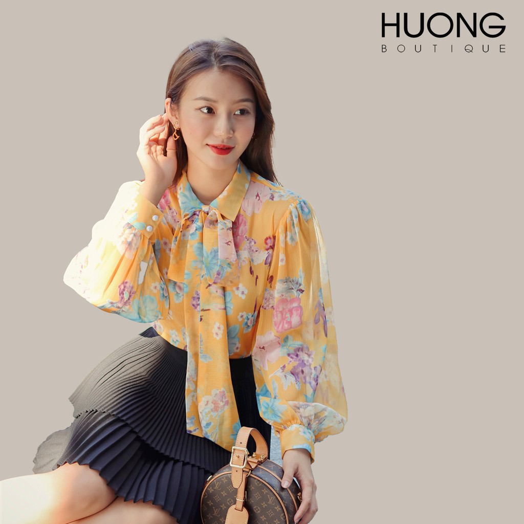 Áo sơ mi tơ tằm cổ nơ HUONG BOUTIQUE HBSM814