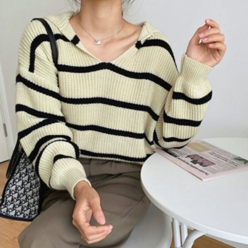 Áo Sweater Dệt Kim Tay Dài Dáng Rộng Kẻ Sọc Kiểu Retro Hàn Quốc