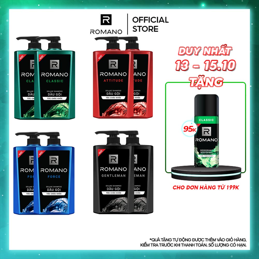 Combo 2 Dầu gội Romano 650g/chai – Tặng xà phòng Attitude 90g + Dây 12 gói dầu gội Classic 5g/gói