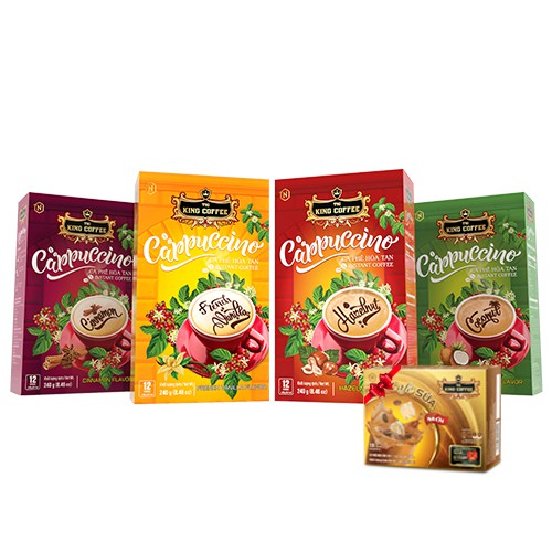 Combo 4 Cà Phê HT Cappuccino KING COFFEE - Hộp 12 gói x 20g + Tặng 1 Hộp CFS HT 3IN1 KING COFFEE - Hộp 10 gói x 24g