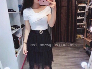 Áo phông cổ chéo,lệch vai ảnh thật