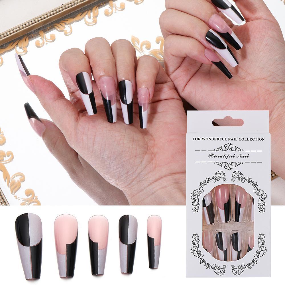 DIACHAVN Hộp 24 Móng Tay Giả Múa Ba Lê Dài Màu Trắng Và Đen