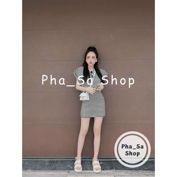 Set Bộ Váy Áo Cánh Rơi Ngắn Tay Họa Tiết Sọc Cho Nữ