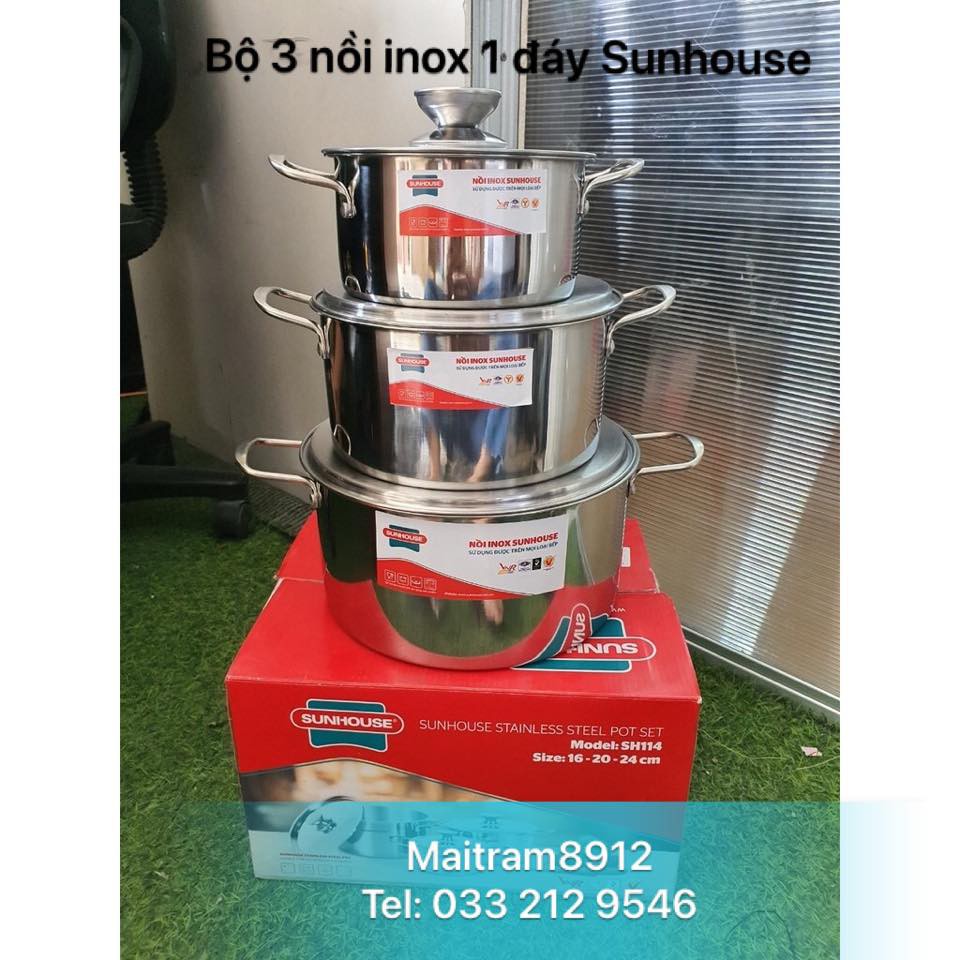 BỘ 3 NỒI INOX 1 ĐÁY SUNHOUSE SH114 - DÙNG ĐƯỢC MỌI LOẠI BẾP, KỂ CẢ BÊP ĐIỆN TỪ.