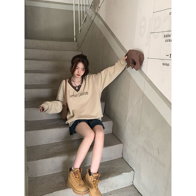 COZOK Áo Sweater Tay Dài Cổ Chữ V In Chữ Phong Cách Vintage