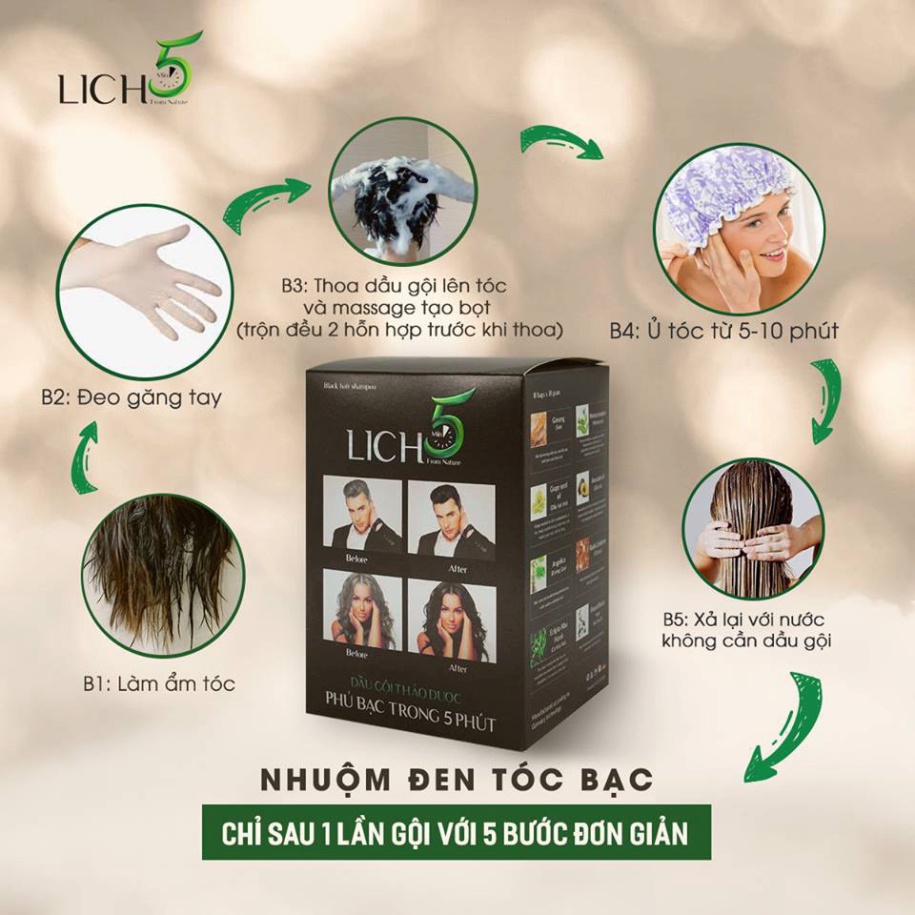 Dầu Gội Thảo Dược Đen Tóc 5Lich (hộp 10 gói)