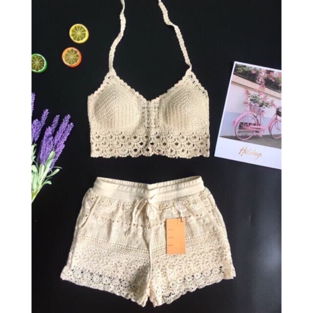 Set biển đẹp - set 3 món - áo bra vây cá + quần ren hoạ tiết đồng xu + choàng ren dài tay lượn ~100cm (có tách rời)