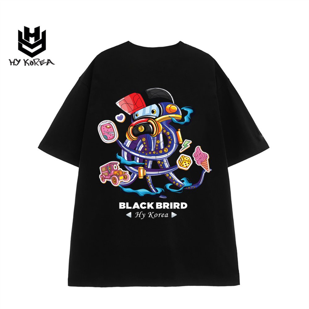 Áo thun unisex tay lỡ Mực Black Brird 744 HY KOREA nam nữ form rộng.
