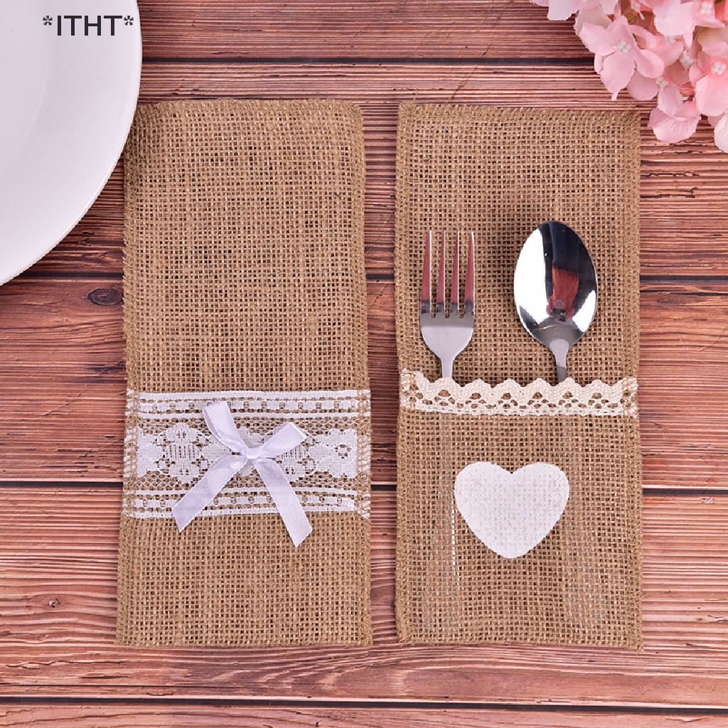 [ITHT] 10 Túi Đựng Dao Kéo Bằng Vải Bố Phối Ren Dùng Trang Trí Bàn Tiệc Cưới