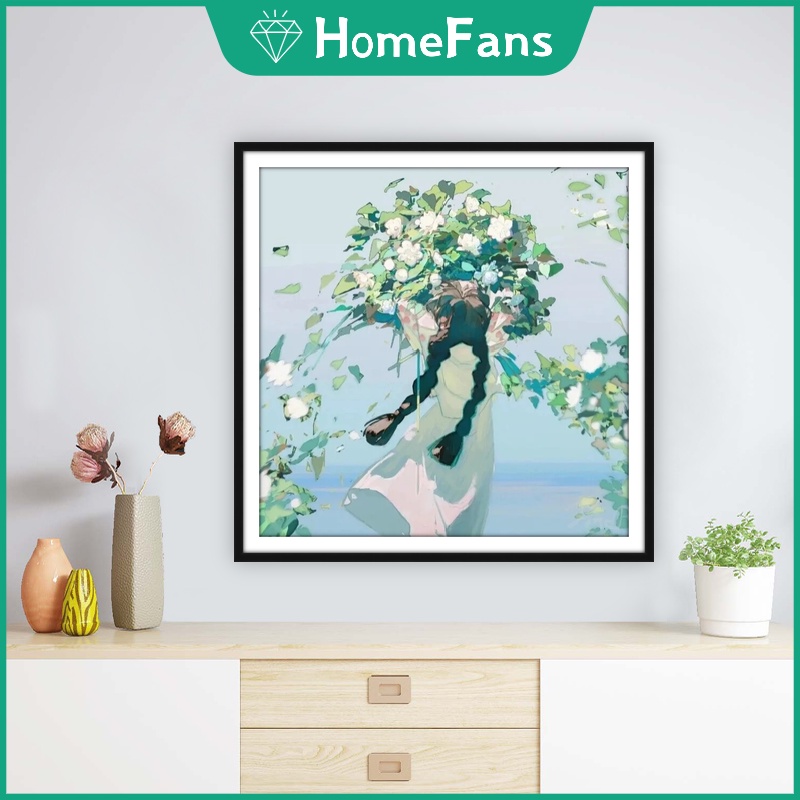 Bộ Tranh Đính Đá 5D Họa Tiết Cô Gái Và Hoa Độc Đáo Kích Thước 40x40cm/50x50cm DIY Dùng Trang Trí Nhà Cửa
