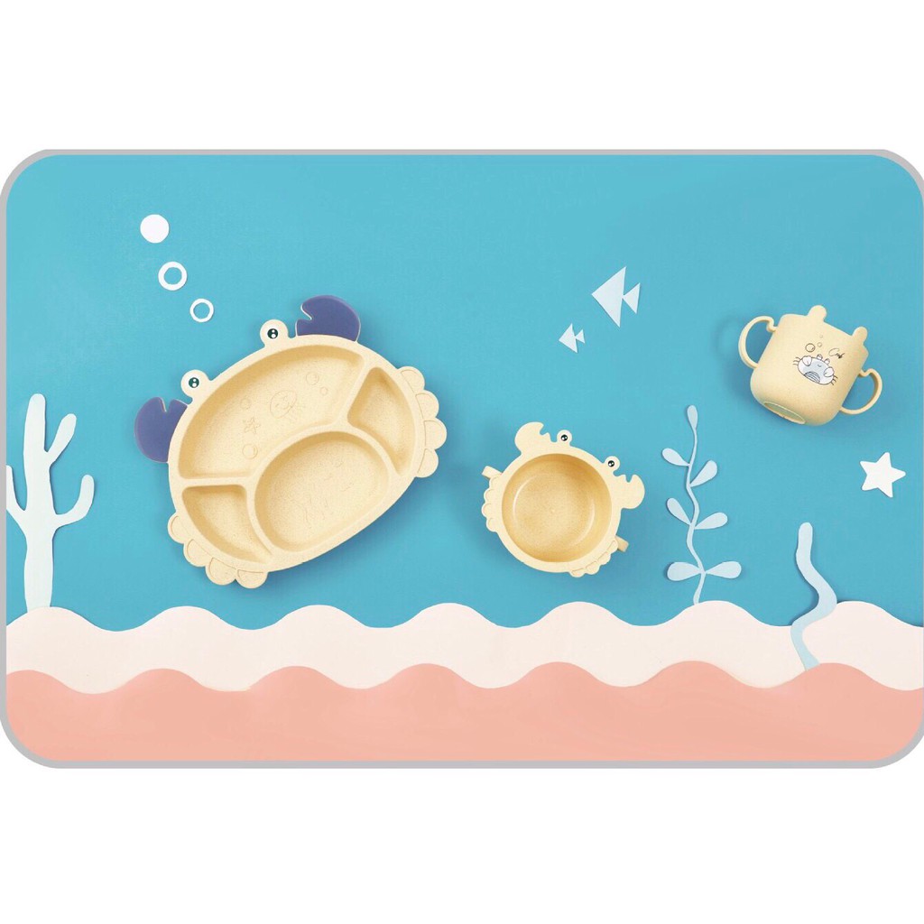 Bộ Khay Ăn Dặm Hình Cua 6 Chi Tiết khay,Bát,Cốc,Thìa,Đũa,Dĩa Cho Bé Chống Rơi Vỡ