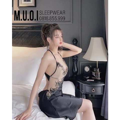 Váy ngủ lụa đen phối ren hoa sexy 2021❤️FREESHIP❤️Đầm mặc nhà gợi cảm  QUẢNG CHÂU Muối store V62( video- ảnh)