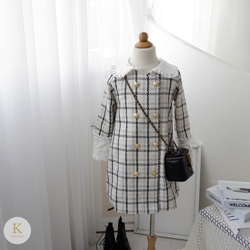 Váy bé gái Kiwy Kids chất liệu tweed sành điệu Kid2105 khuy cài có thể mặc thành áo khoác dáng dài cho bé 6 đến 11 tuổi