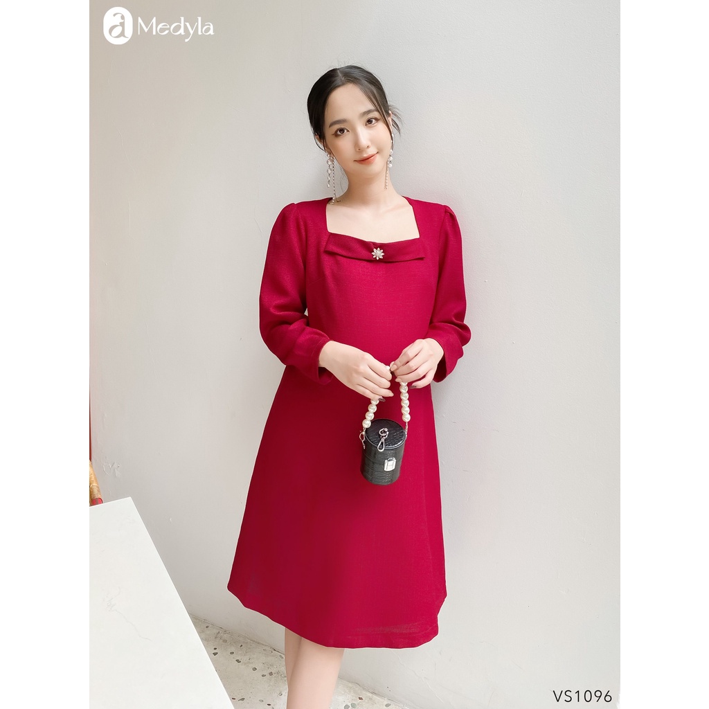 MEDYLA - Đầm bầu dự tiệc thu đông thiết kế 2 lớp text đỏ lót lụa tặng kèm hoa đá cho bầu đi chơi, đi tiệc - VS1096