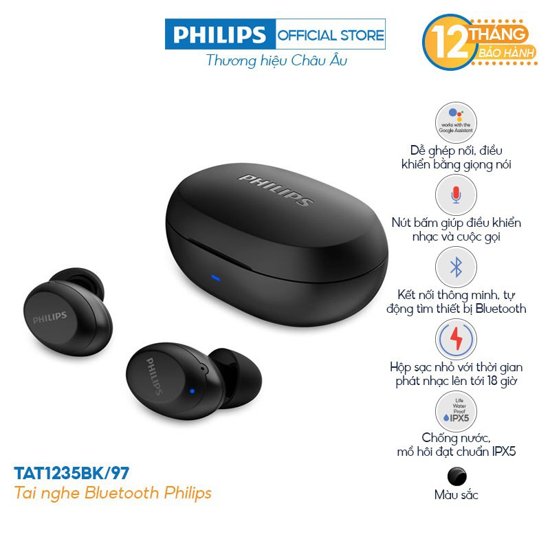 [Mã ELREHOT giảm 10% đơn 100K] Tai nghe Philips Bluetooth Có Bass TAT1235BK/00 - Màu đen - Hàng Chính Hãng