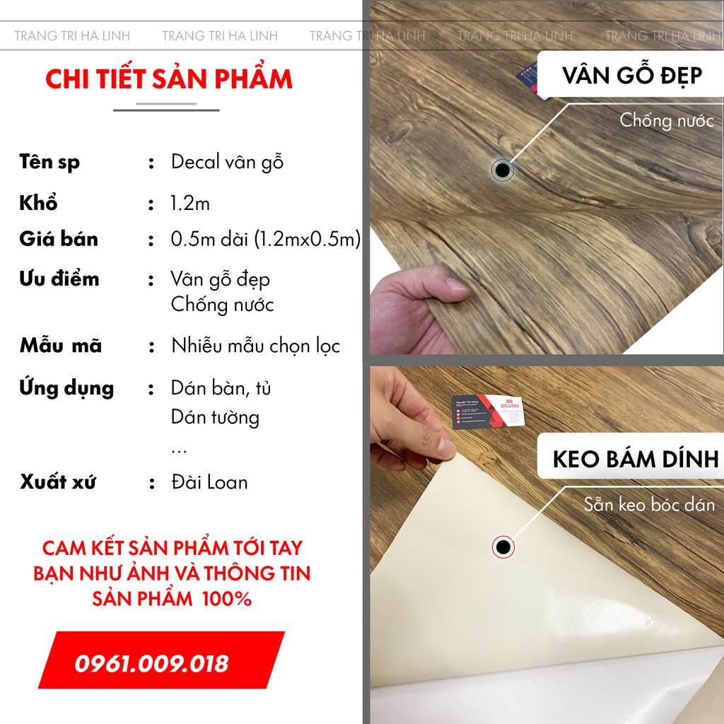 Decal vân gỗ dán tủ , giấy dán tường giả gỗ chống nước có sẵn keo khổ 1.2m - Trang Trí Hà Linh