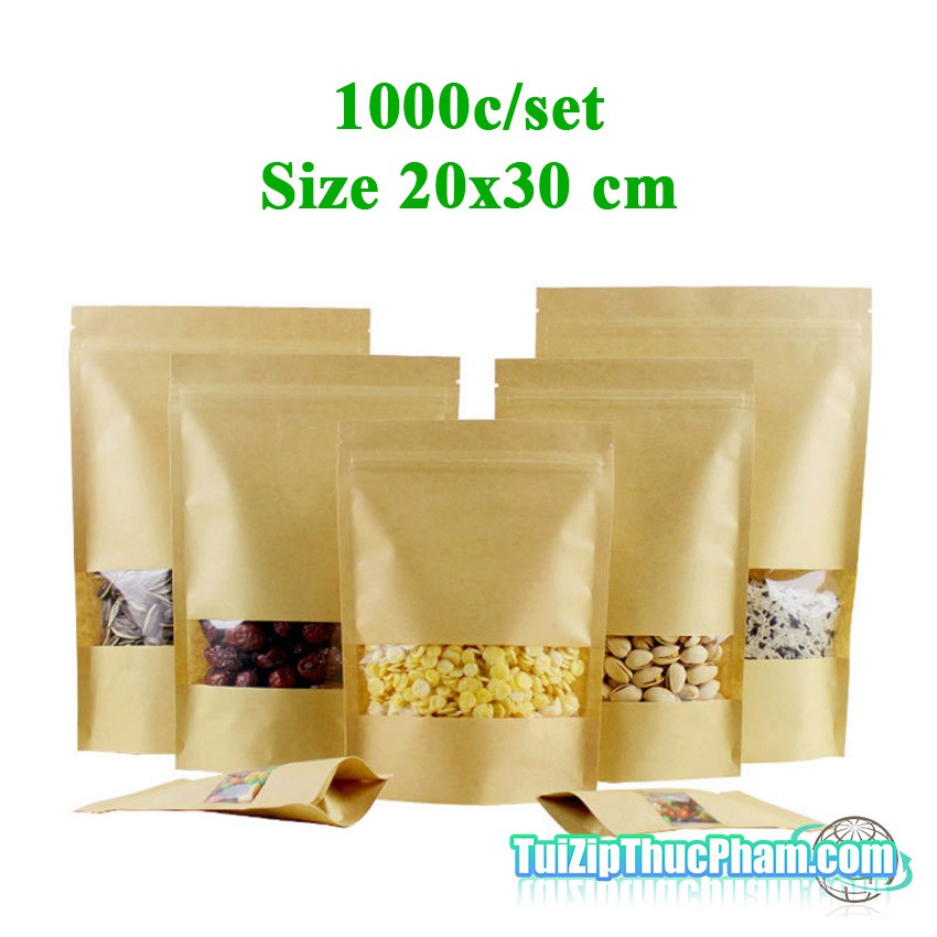 1000 cái túi zipper size 20x30cm, túi zip giấy kraft vàng có cửa sổ, túi zipper đựng thực phẩm chất lượng cao giá sỉ