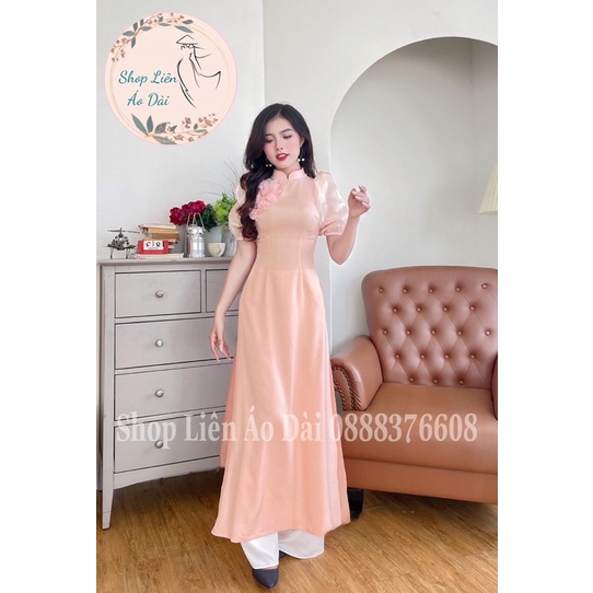 Áo dài cách tân nữ cổ truyền thống tay phối tơ bồng bo, áo dài thiết kế đính hoa nhẹ nhàng, áo dài may sẵn
