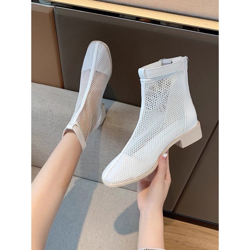 Boots lưới Ulzzang cổ ngắn gót vuông cao 3cm