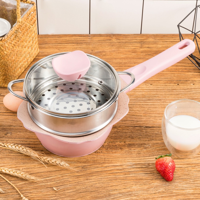 Bộ nồi chảo đá nấu ăn dặm nấu bột nấu cháo cho bé chống dính kèm chảo và xửng hấp inox cho bé ăn dặm kiểu nhật BLW