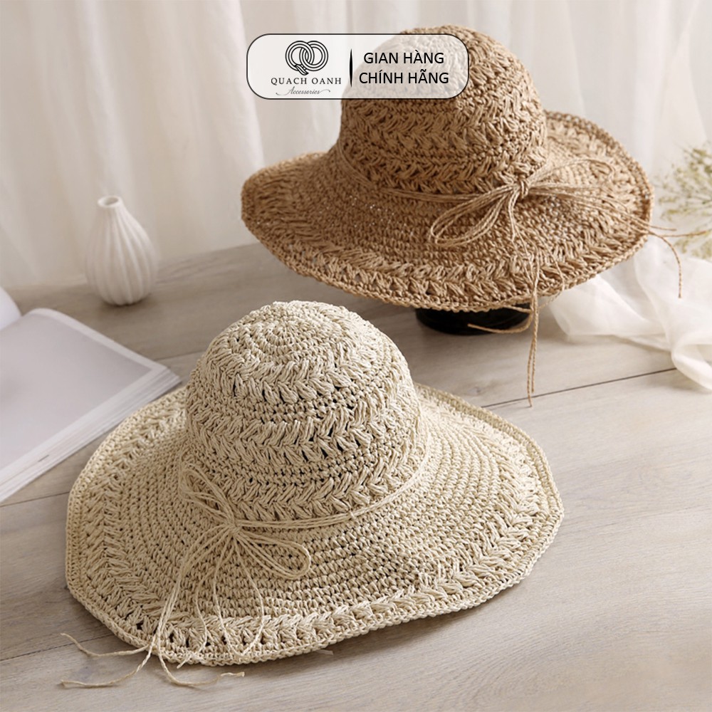 Mũ nón cói QO ACCESSORIES vành rộng dây nơ kiểu đan độc đáo đi biển mùa hè MU41