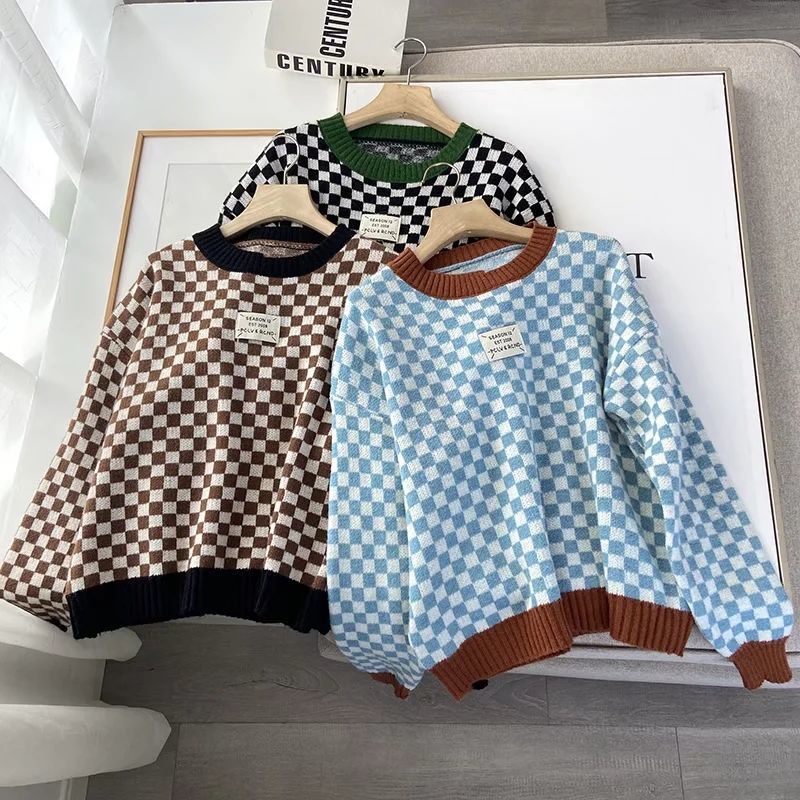 Áo Sweater Dệt Kim Tay Dài Cổ Tròn Màu Sắc Tương Phản Phong Cách Hàn Quốc Thời Trang Thu Đông Cho Nữ