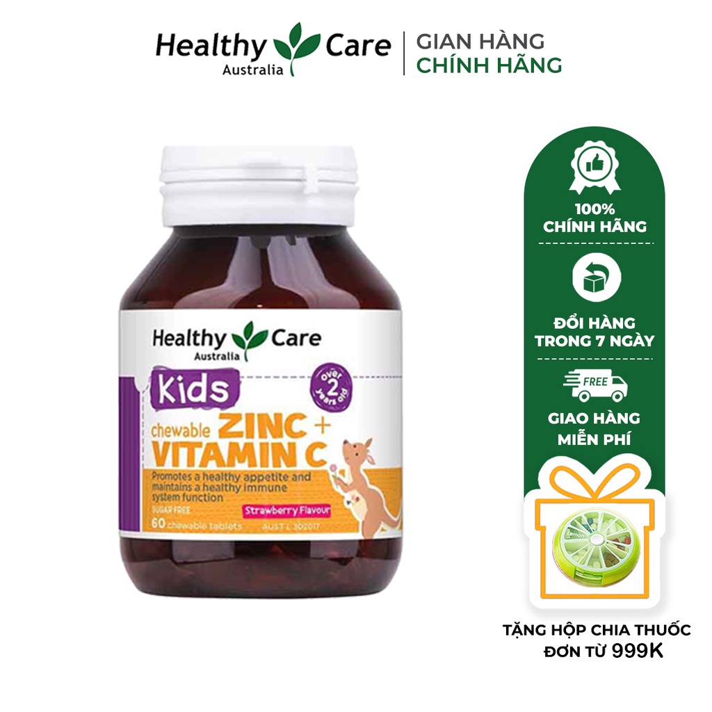 Viên nhai bổ sung kẽm và vitamin C Healthy Care Kids Chewable 60 viên vị dâu