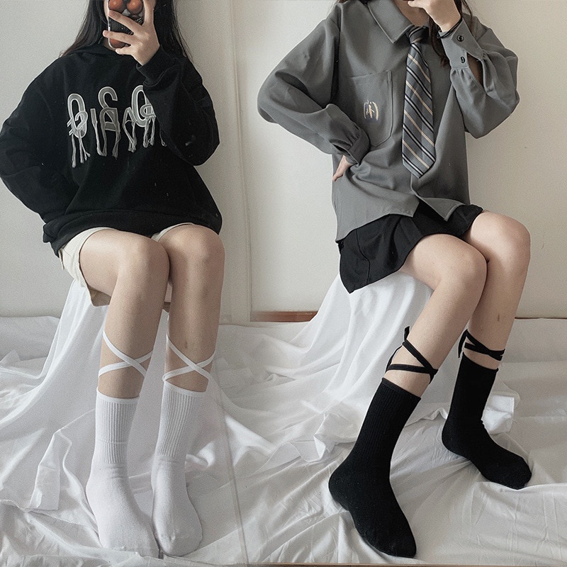 Japanese Reflective Stockings Bandage Lolita Socks Long Knee Socks Korea Style Women White Cotton Socks Cosplay JK Socks Cute