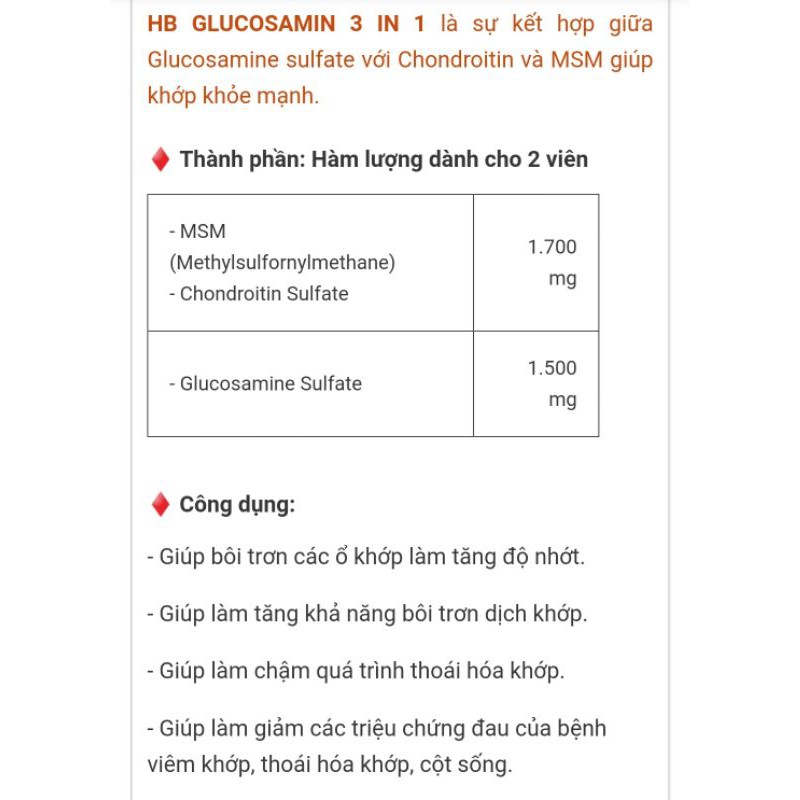 VIÊN UỐNG BẢO VỆ KHỚP HB GLUCOSAMINE 3IN1 (HỘP 60 VIÊN)