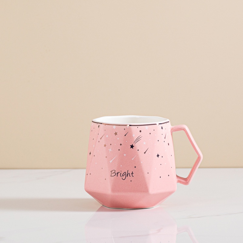 Ly cốc sứ uống trà cafe có nắp hình kim cương in chữ Bright