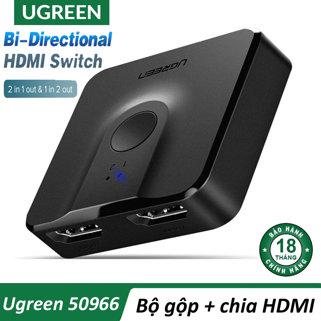 Bộ chuyển mạch HDMI 2 vào 1 ra (Hỗ trợ 2 chiều) chính hãng Ugreen 50966 chuẩn HDMI 1.4