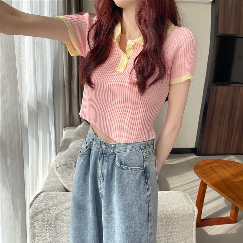 Áo thun dệt kim IELGY tay ngắn cổ polo dáng ôm thời trang cho nữ