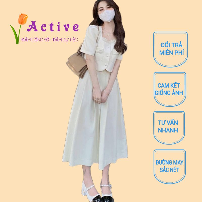 Sét bộ váy công sở tay ngắn cổ vuông Active, Váy xòe suông mềm, chất vải kaki mềm. Freesize 46 - 55kg