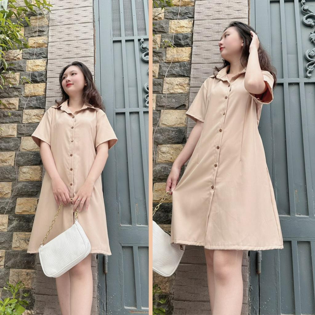 Đầm váy nữ basic fashion cổ sơ mi cài cúc chiết eo lưng chun, váy nữ cộc tay nhiều màu ĐEN TRẮNG KEM NÂU G5