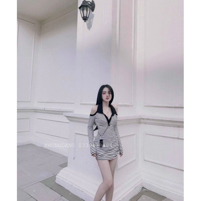 Đầm Thun Ôm Body Kẻ Sọc Ngang Cổ Polo Tay Dài Khoét Hở Vai Dáng Ngắn Sexy | BigBuy360 - bigbuy360.vn