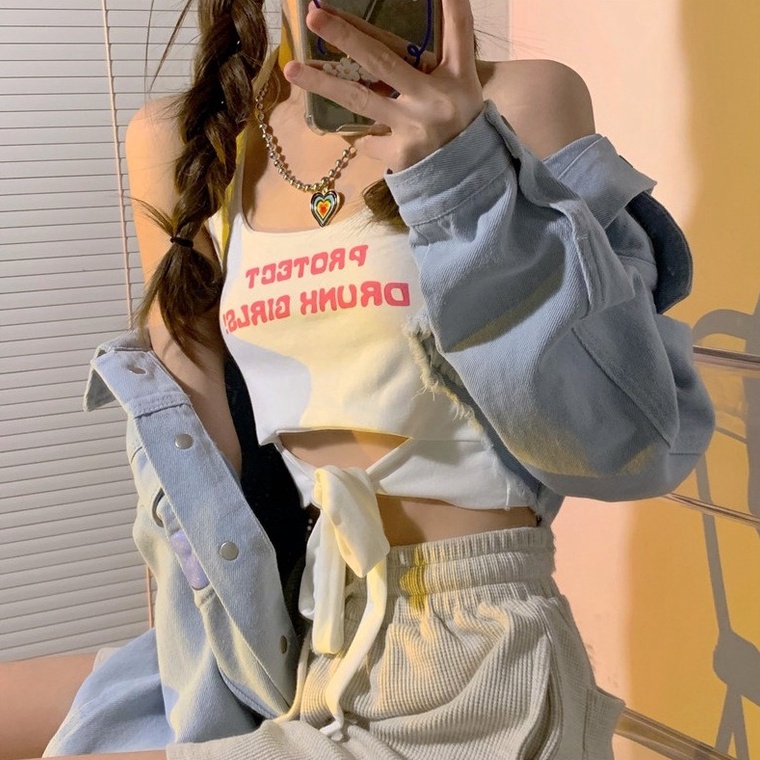 Áo Hai Dây Dệt Kim Dáng Ngắn / Ngắn 【ZHELIHANGFEI】