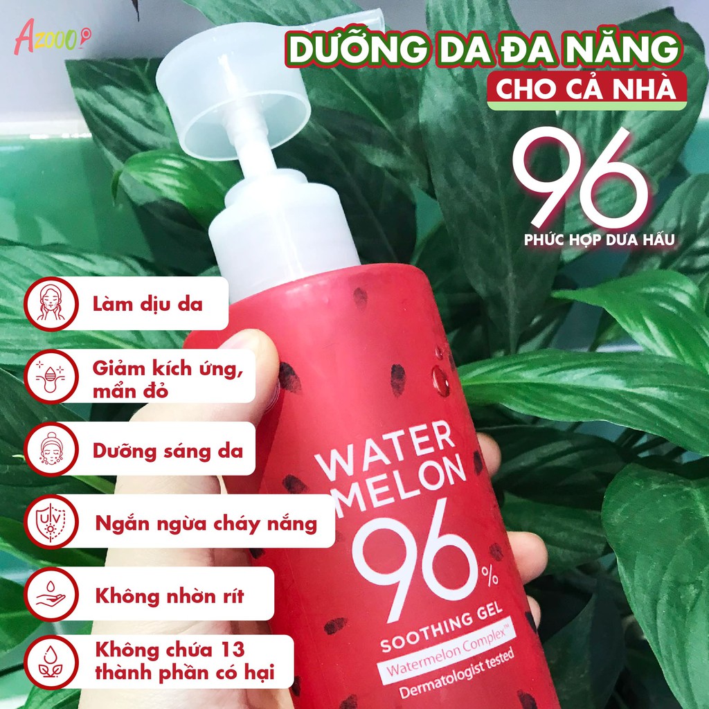 Gel dưỡng da đa năng chiết xuất dưa hấu Hàn Quốc Holika Holika Watermelon 96% làm dịu da cấp ẩm chống cháy nắng 390ml